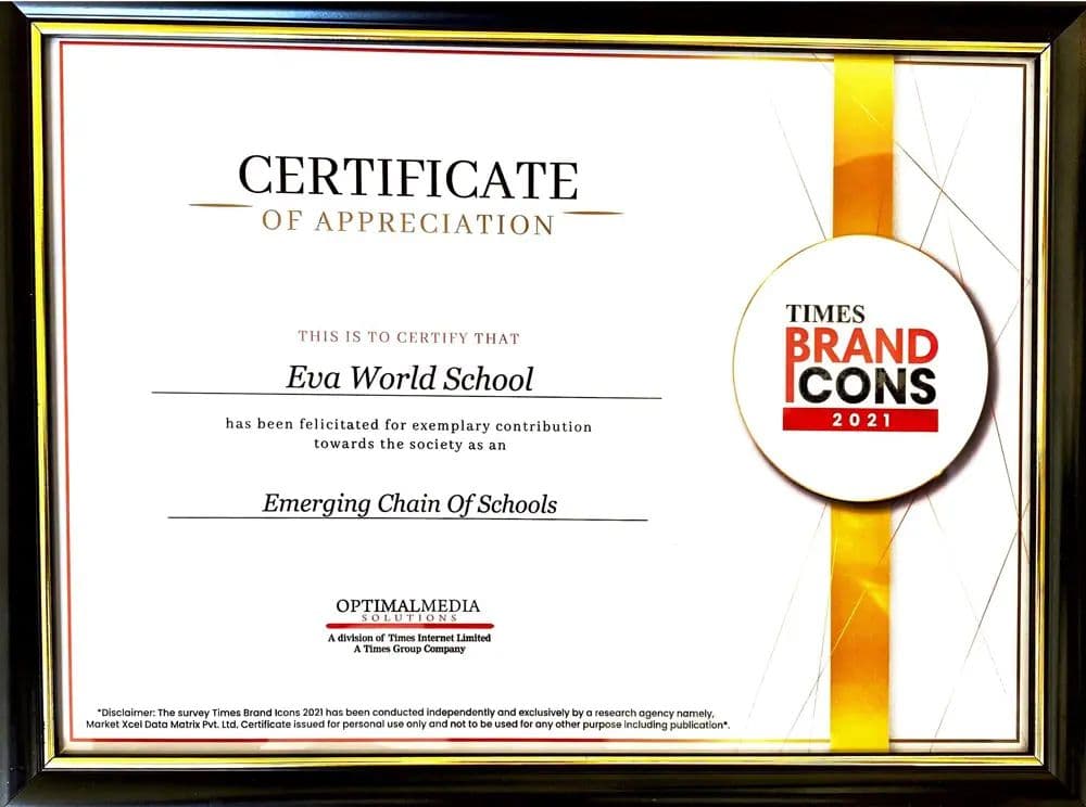Times Brand Icons 2021 certificate of appreciation for Eva World School