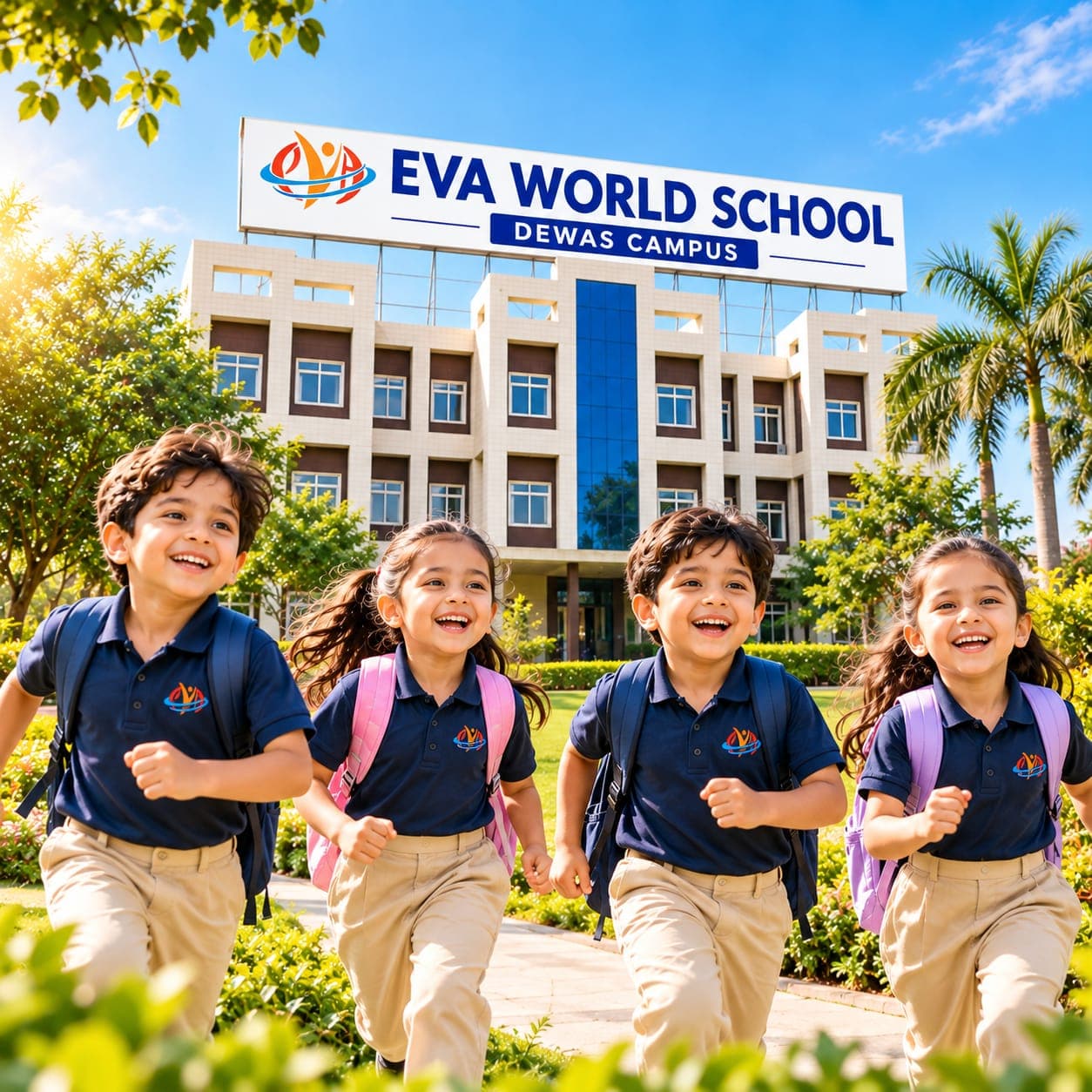 The Eva World School Dewas campus building with its sign and lawn